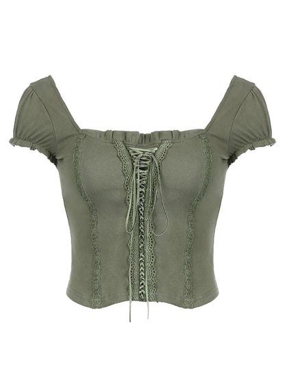 Dozw Green Lace Crop Top Square Collar Women Y2K Chic