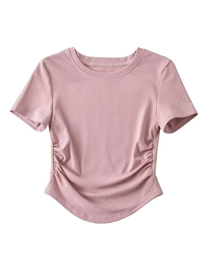 Harajuku 2024 Womens Crew Neck Ruched Side Cotton Tee