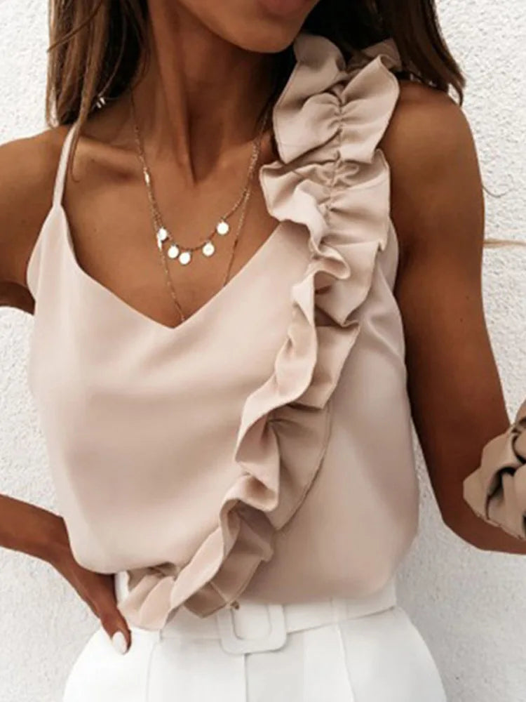Women's Summer V Neck Ruffle Blouse Sleeveless Office Wear