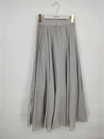 Boho Linen Cotton Maxi Skirt Elastic Waist Beige Pink