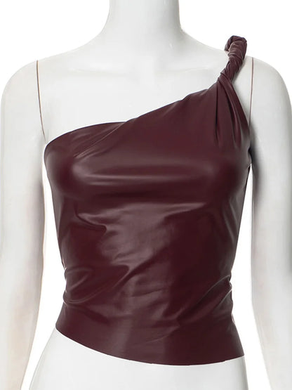 Dozw Wine Red PU Leather Crop Top Women Asymmetric Shoulder
