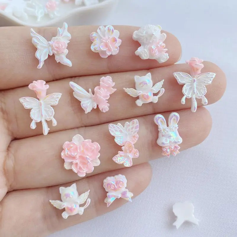 Kawaii 3D Nail Art Resin Charms Set - Bear, Butterfly, Flower, Kitten Series (50 Pieces)