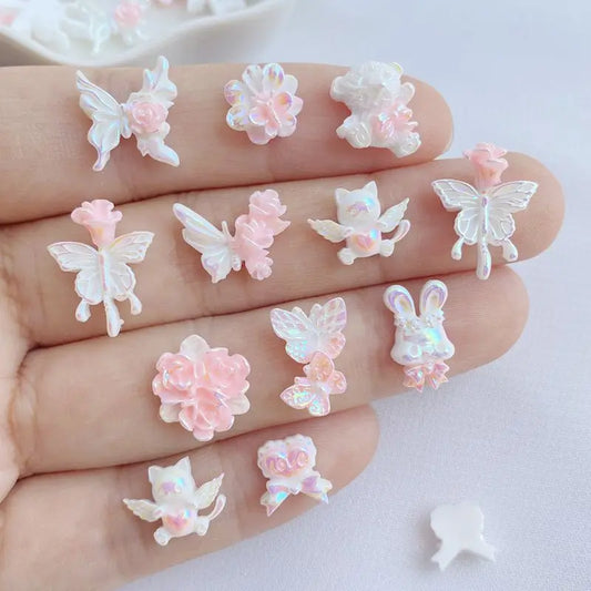 Kawaii 3D Nail Art Resin Charms Set - Bear, Butterfly, Flower, Kitten Series (50 Pieces)