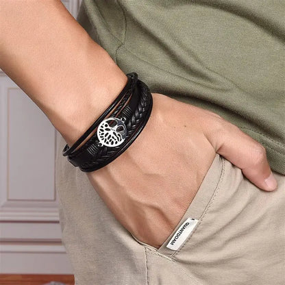 Men's Leather Bracelet with Stainless Steel Tree of Life Charm - Stylish Multi-Layer Fashion Accessory