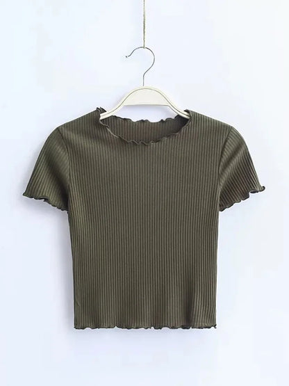 Vintage Ribbed O Neck Tee for Women Slim Fit Short Sleeve