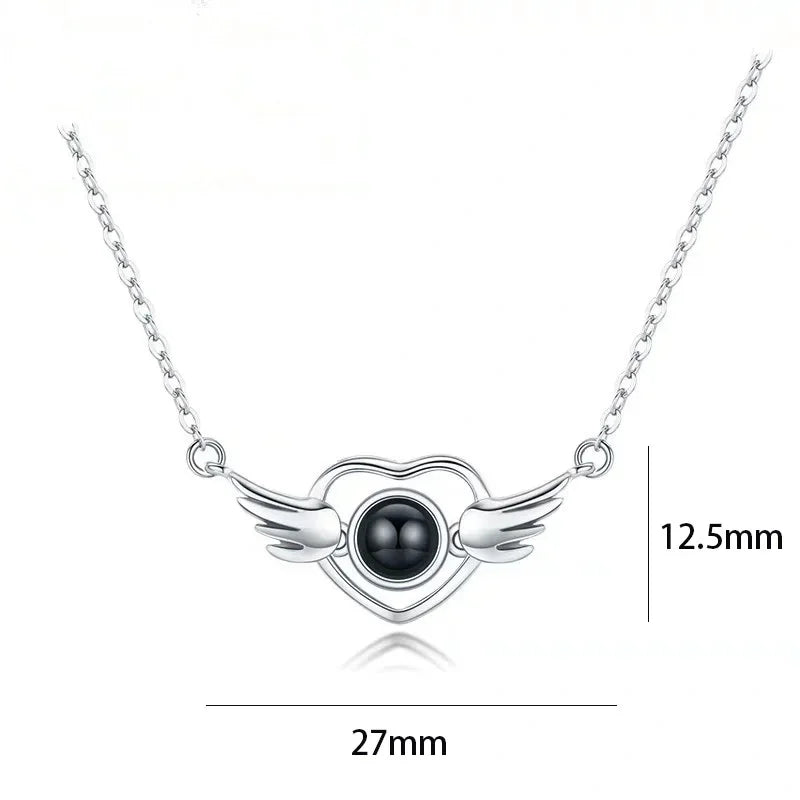 100 Languages I Love You Heart Pendant Necklace Romantic Projection Jewelry Gift for Women Heart Wings Cupid 40cm plus 5cm