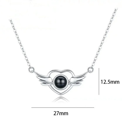 100 Languages I Love You Heart Pendant Necklace Romantic Projection Jewelry Gift for Women Heart Wings Cupid 40cm plus 5cm