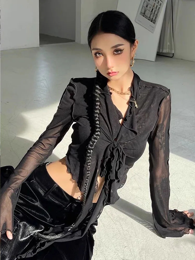 Long Flare Sleeve Lace Up Mesh Blouse Korean Fashion Chic