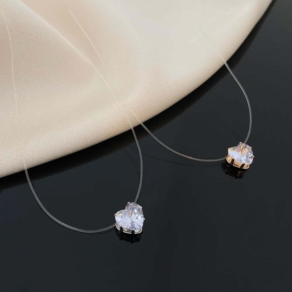 Elegant Invisible Heart Choker Necklace with Rhinestone Zircon for Women