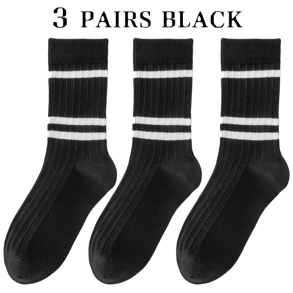 3 Pairs Retro Athletic Mid Calf Double Knit Socks Women
