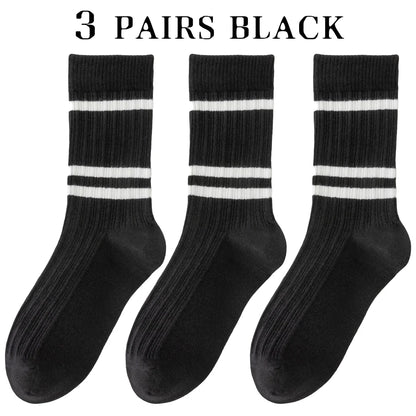3 Pairs Retro Athletic Mid Calf Double Knit Socks Women