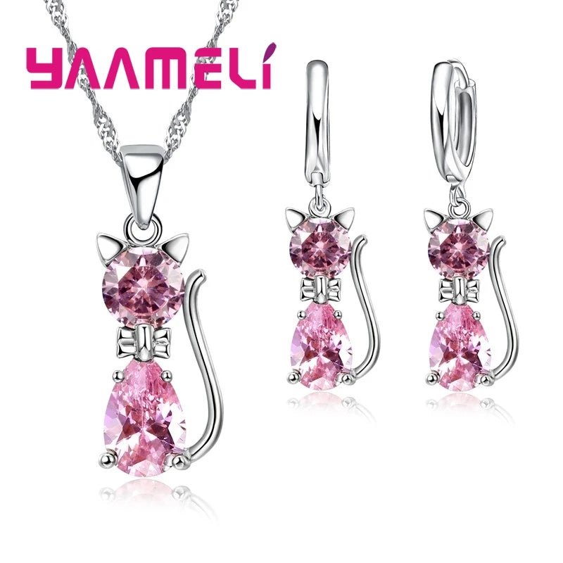 Elegant 925 Sterling Silver Cat Pendant Necklace and Earrings Set with Austrian Crystals for Women