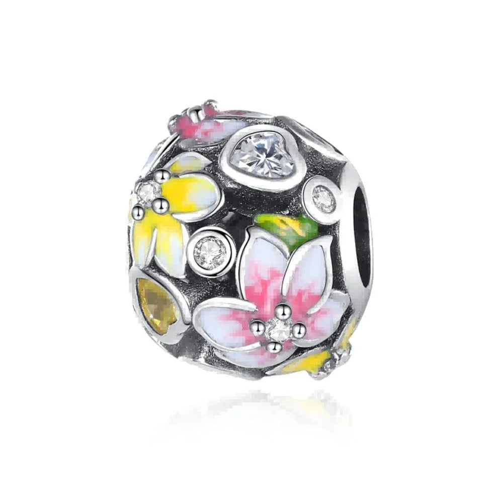 925 Sterling Silver Rose Sakura Flower Dangle Charm with Zircon for DIY Jewelry and Bracelets
