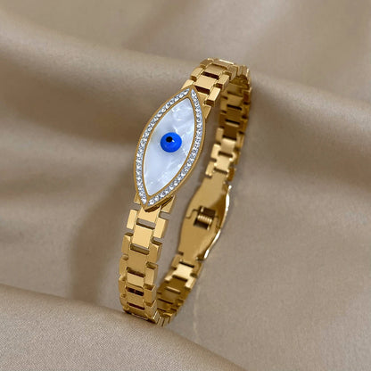 Flashbuy Boho Evil Eye Stainless Steel Bangles for Women with Enamel Rhinestones Gold Plated Waterproof Fashion Jewelry Gift