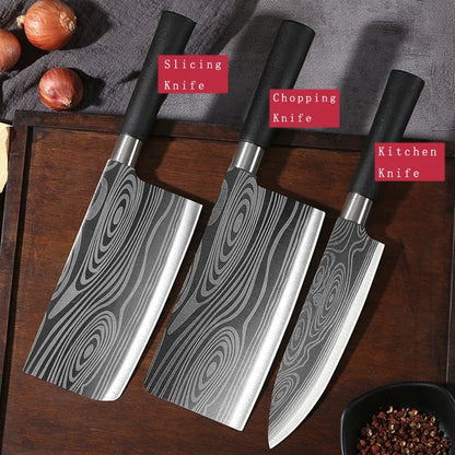 Laser Damascus Pattern Stainless Steel Kitchen Knife Set With Scissors And Sharpening Rod For Precision Cutting And Chef Use