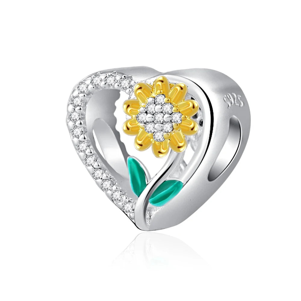 925 Sterling Silver Charm Beads for Women Bracelet - Four-Leaf Clover and Sunflower Design B995zhu