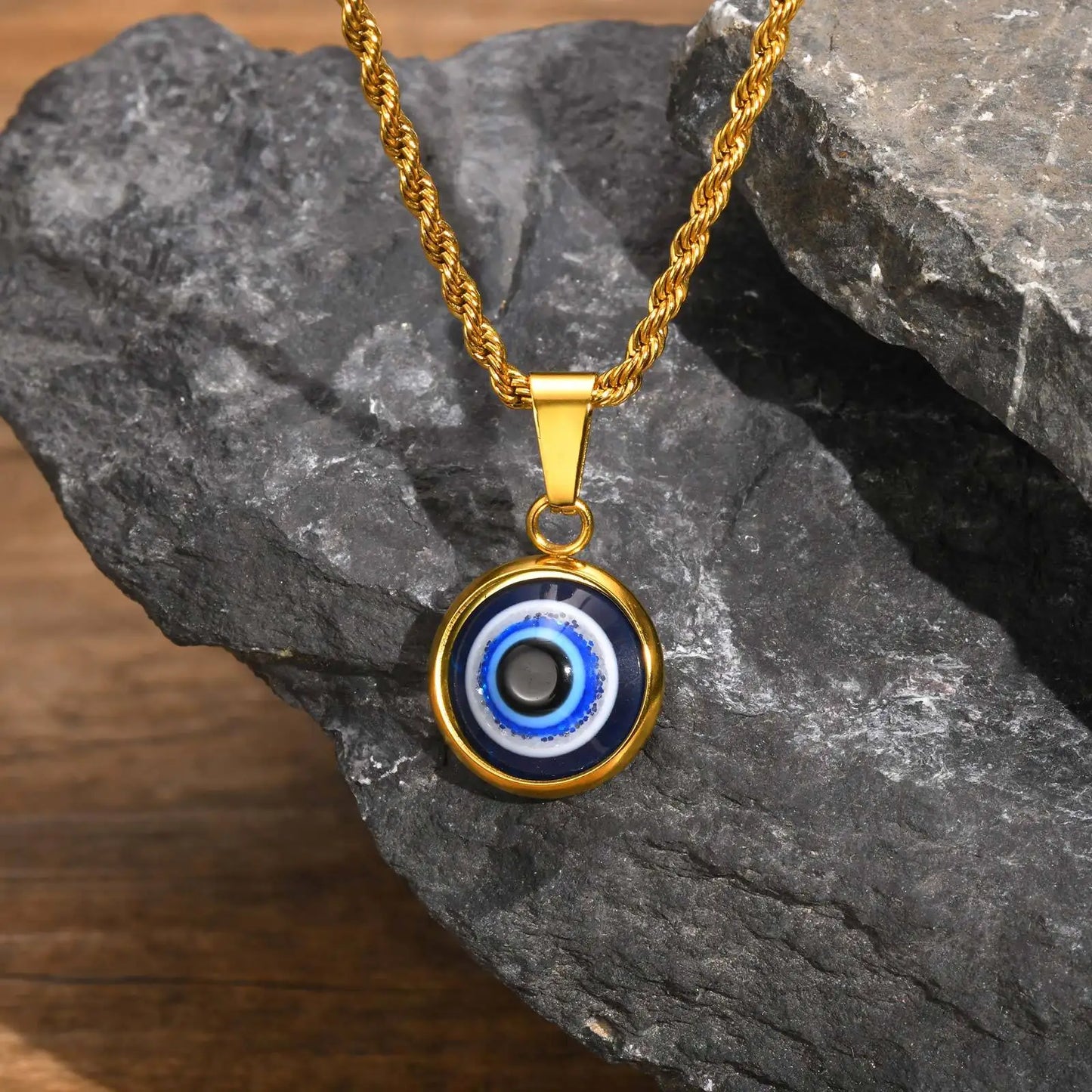 Men's Stainless Steel Evil Eye Necklace with Turkish Charm and Box Rope Chain