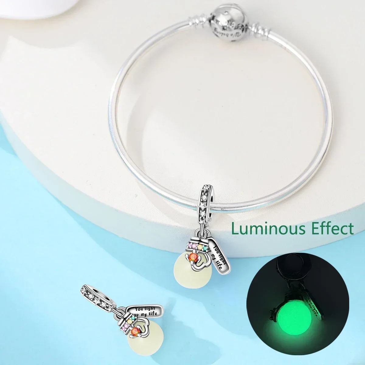 Authentic Luminous Firefly Bee Light Bulb Charm Ring Earrings 925 Sterling Silver DIY Jewelry Gift