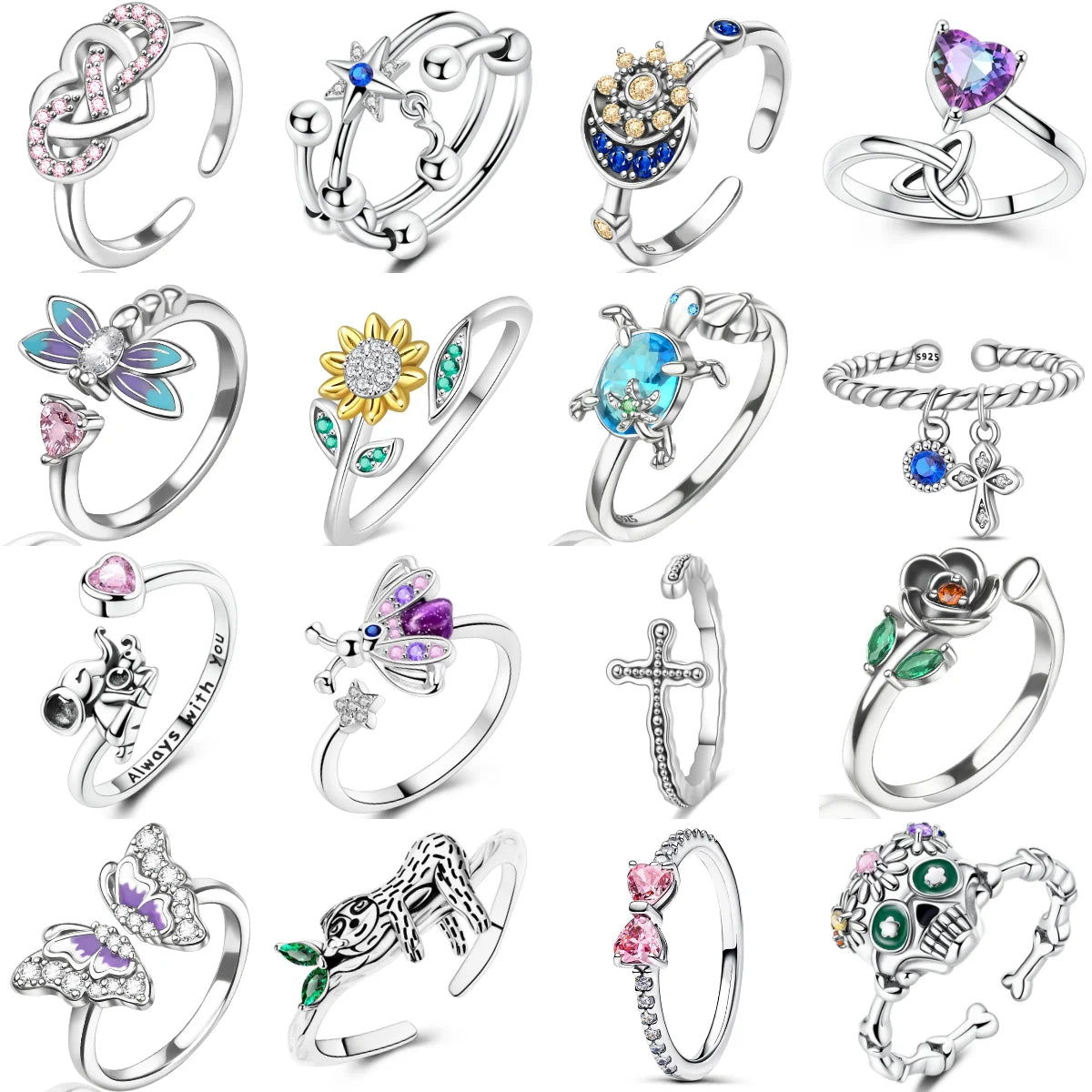 925 Sterling Silver Open Ring for Women Butterfly Dragonfly Turtle Cross Design Elegant Fine Jewelry Gift