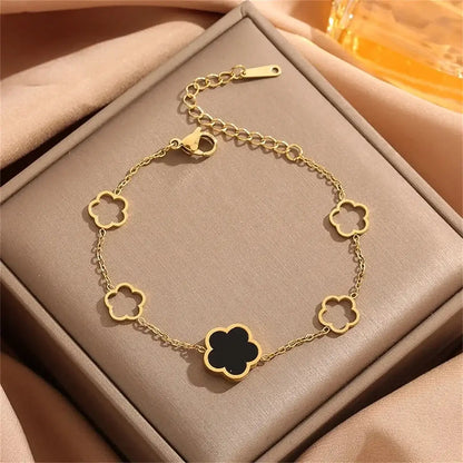 Trendy Stainless Steel Flower Charm Bracelet for Women and Girls D4-1pc-Black CHINA 16cm