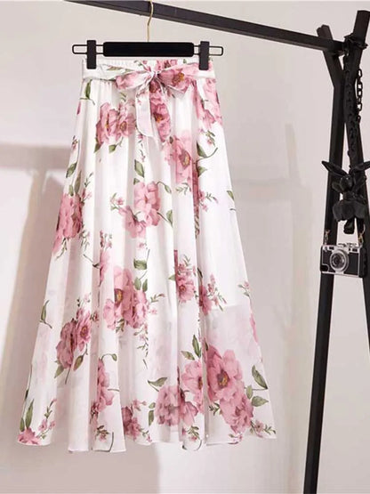 Chiffon Midi Skirt Women High Waist Korean Style White