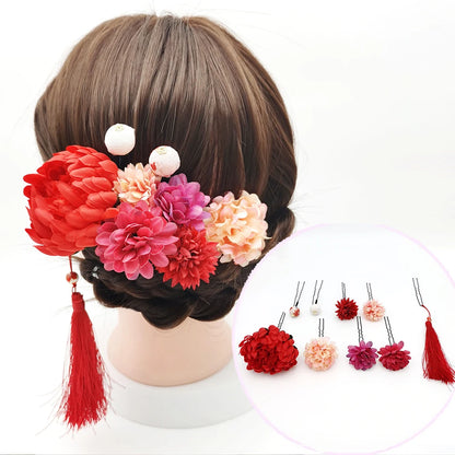 Japanese Handmade Fabric Flower Kimono Hairpin with Tassel for Weddings and Festivals