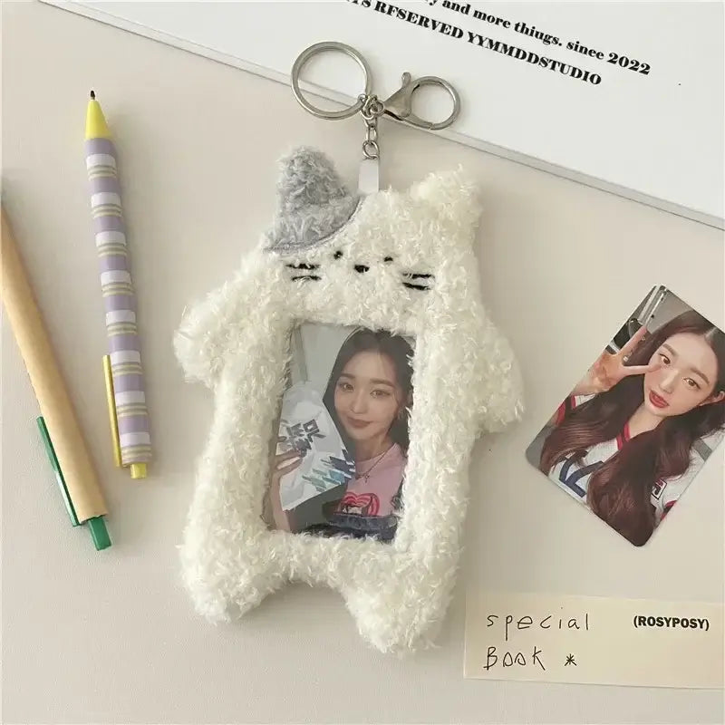 Kawaii Cartoon Plush Photocard Holder Keychain Desk Accessory White
