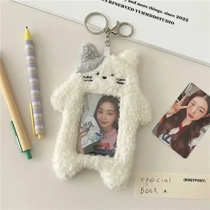 Kawaii Cartoon Plush Photocard Holder Keychain Desk Accessory White
