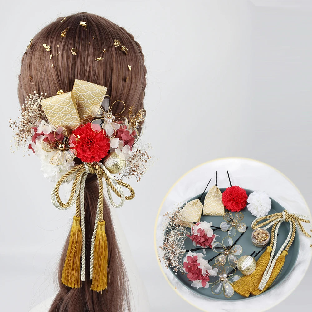 Japanese Handmade Fabric Flower Kimono Hairpin with Tassel for Weddings and Festivals