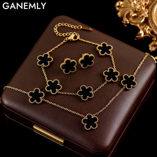 Ganemly 316L Stainless Steel Four Color Five Leaf Clover Flower Jewelry Set for Women