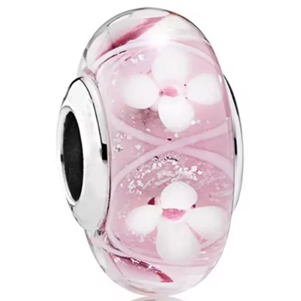 925 Sterling Silver Cosmic Rainbow Murano Glass Beads with Flower and Leaf Charms for DIY Women Jewelry