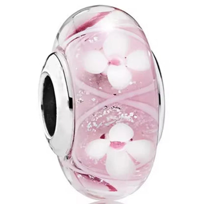 925 Sterling Silver Cosmic Rainbow Murano Glass Beads with Flower and Leaf Charms for DIY Women Jewelry