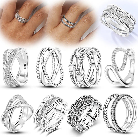 Women's Classic Geometric 925 Sterling Silver Ring with Overlapping Zircon