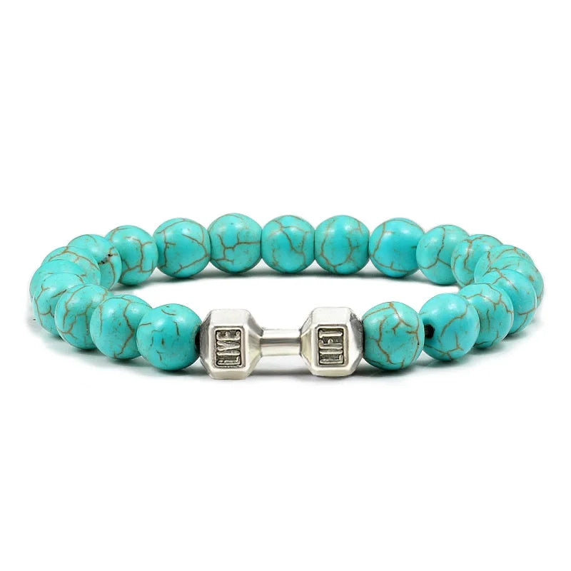 Vintage Men's Natural Stone Bead Bracelet With Dumbbell Pendant turquoise silver
