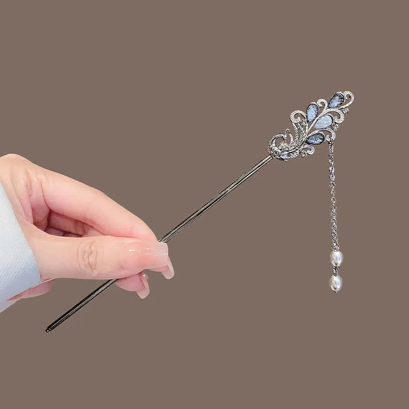 Elegant Double Butterfly Tassel Hairpin with Black Beads Fringe for Women Hanfu Style