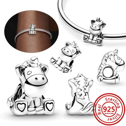 925 Sterling Silver Animal Charms Bracelet Beads with Zircon - Unicorn, Squirrel, Elephant Y107