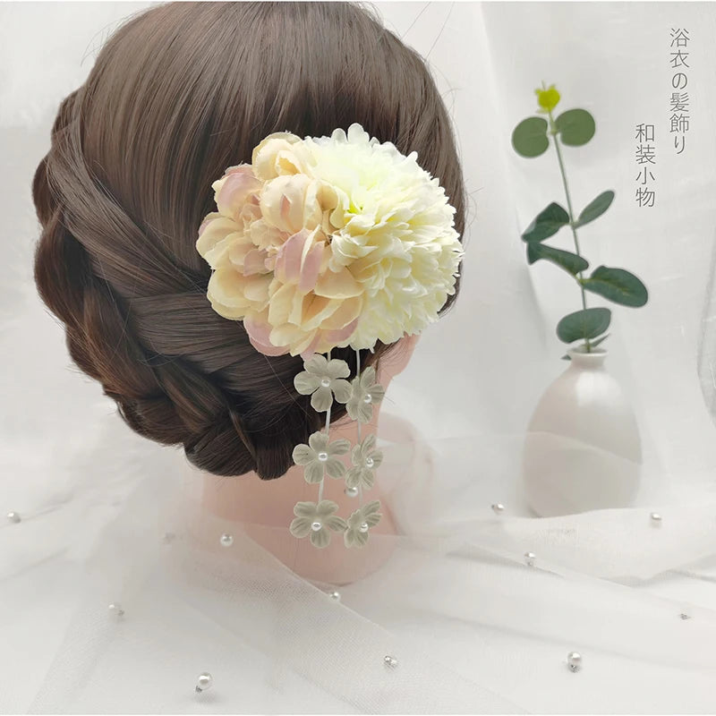 Japanese Handmade Fabric Flower Kimono Hairpin with Tassel for Weddings and Festivals