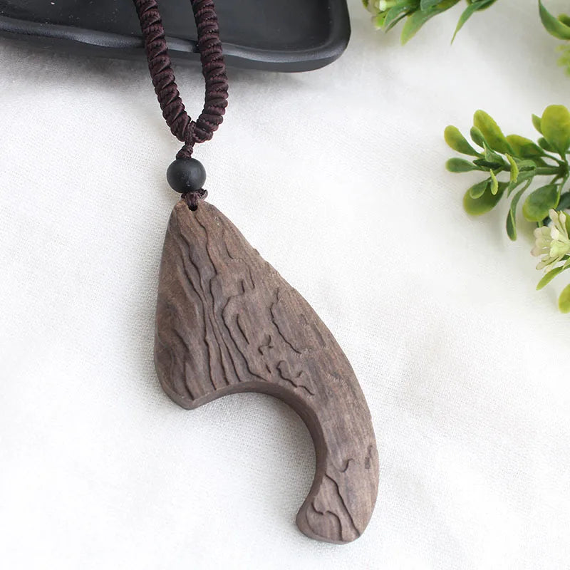 Vintage Long Sweater Chain Necklace for Women with Handmade Sandalwood Pendants in Ethnic Style