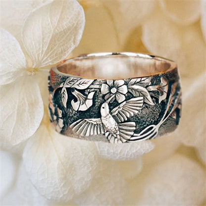 Vintage French Bird Flower Ring for Women Fashionable Zinc Alloy Jewelry