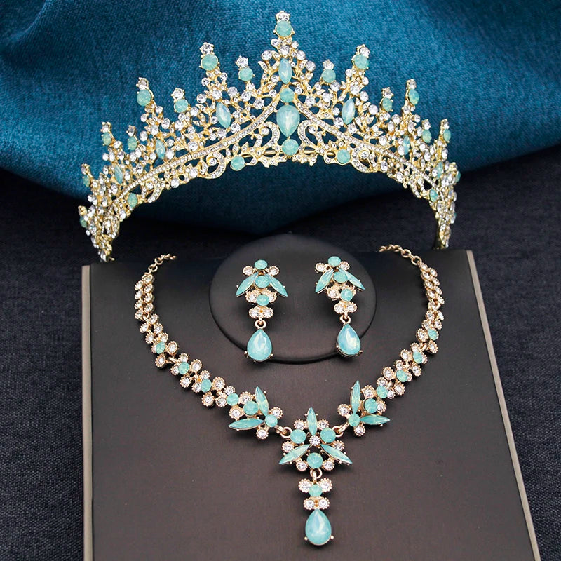 Elegant Silver Opal Blue Wedding Crown Jewelry Set for Women - Princess Tiaras, Earrings, and Necklace for Prom Gifts