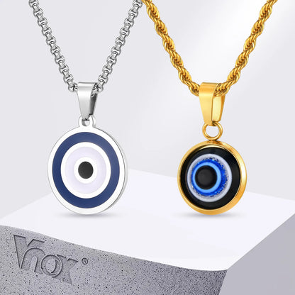 Men's Stainless Steel Evil Eye Necklace with Turkish Charm and Box Rope Chain