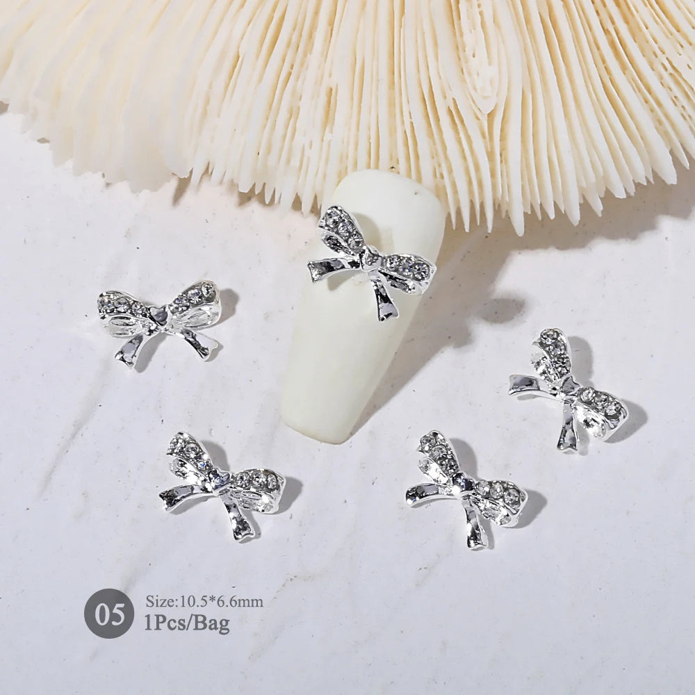 Elegant Gold Silver Metal Bowknot Nail Charm 3D Rhinestone Decor for DIY Manicure Art