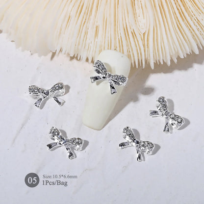 Elegant Gold Silver Metal Bowknot Nail Charm 3D Rhinestone Decor for DIY Manicure Art