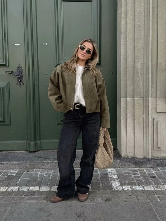 Green Suede Leather Women Bomber Jacket With Zipper Pockets