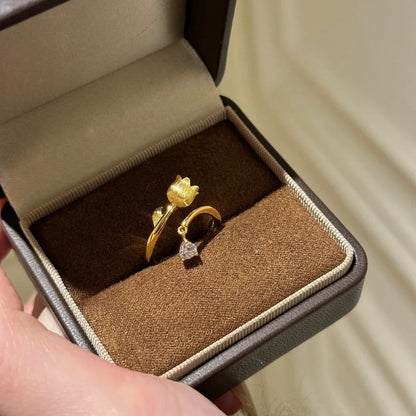 Exquisite Lily of the Valley Gold Adjustable Ring with Zircon Inlay for Women
