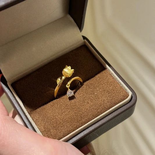Exquisite Lily of the Valley Gold Adjustable Ring with Zircon Inlay for Women
