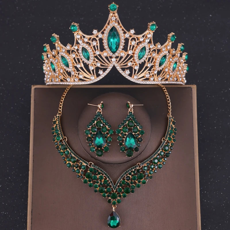 Crystal Crown Bridal Jewelry Set - 3Pcs Rhinestone Necklace & Earring Accessories Green