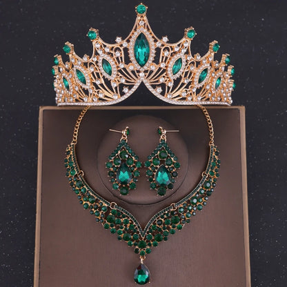 Crystal Crown Bridal Jewelry Set - 3Pcs Rhinestone Necklace & Earring Accessories Green