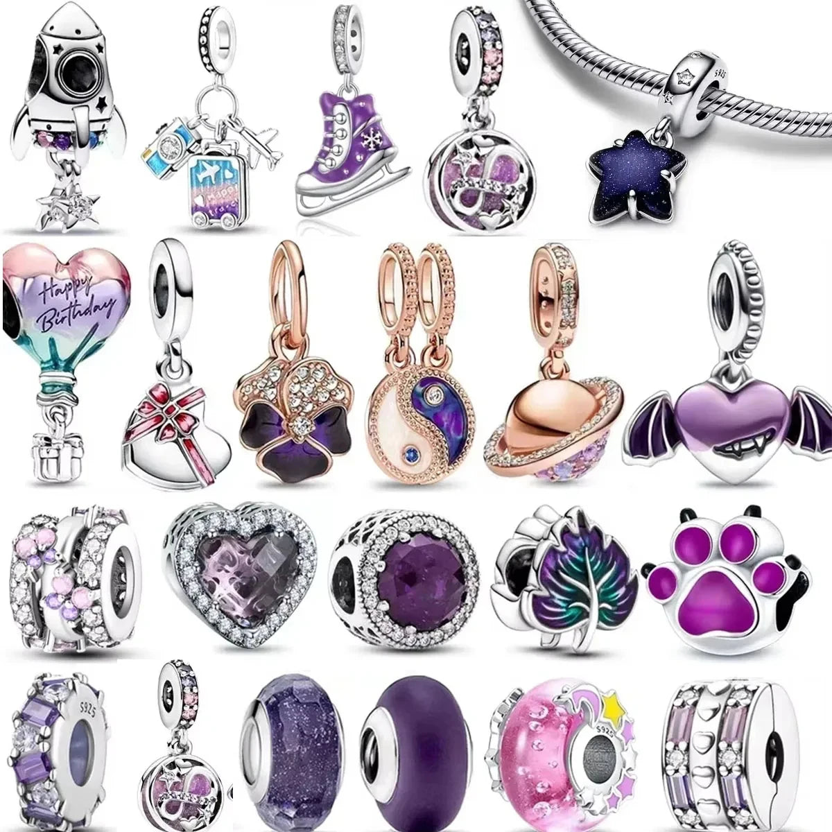 Sterling Silver Purple Murano Pansy Flower Dangle Charm for Women Bracelet and Necklace Jewelry Gift