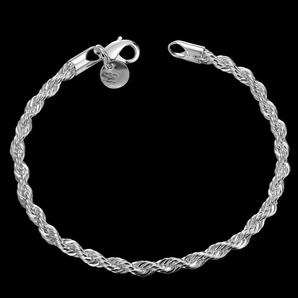 4MM Twisted Rope Sterling Silver Bracelet Unisex Gift